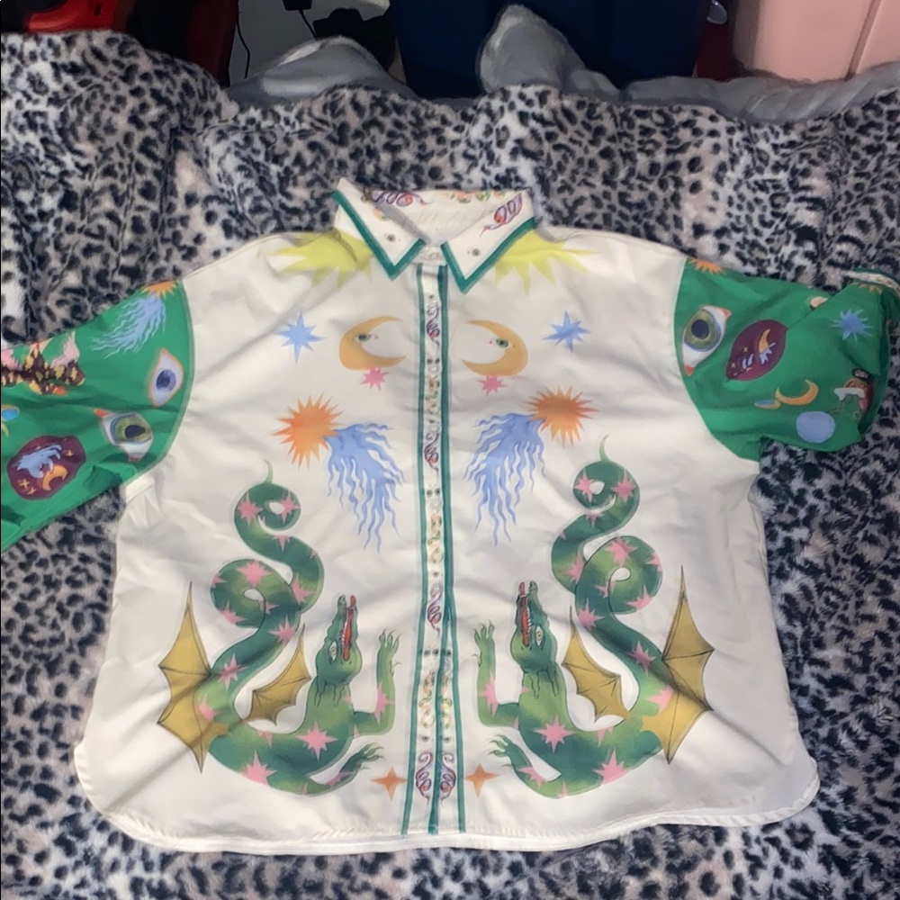 Mens' Dragon & Celestial Print Button-Up Shirt - Green & Cream
